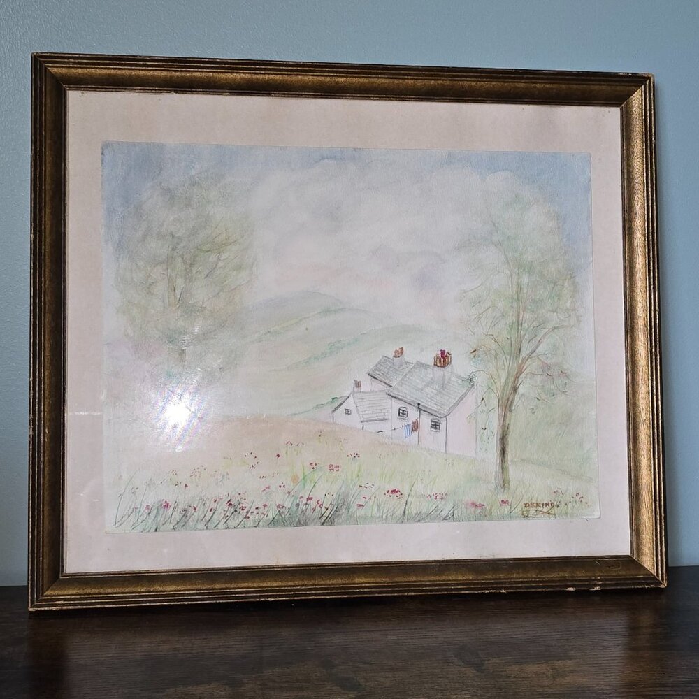Vintage Watercolor Painting Signed Framed with Glass 16x20 Landscape Scene House